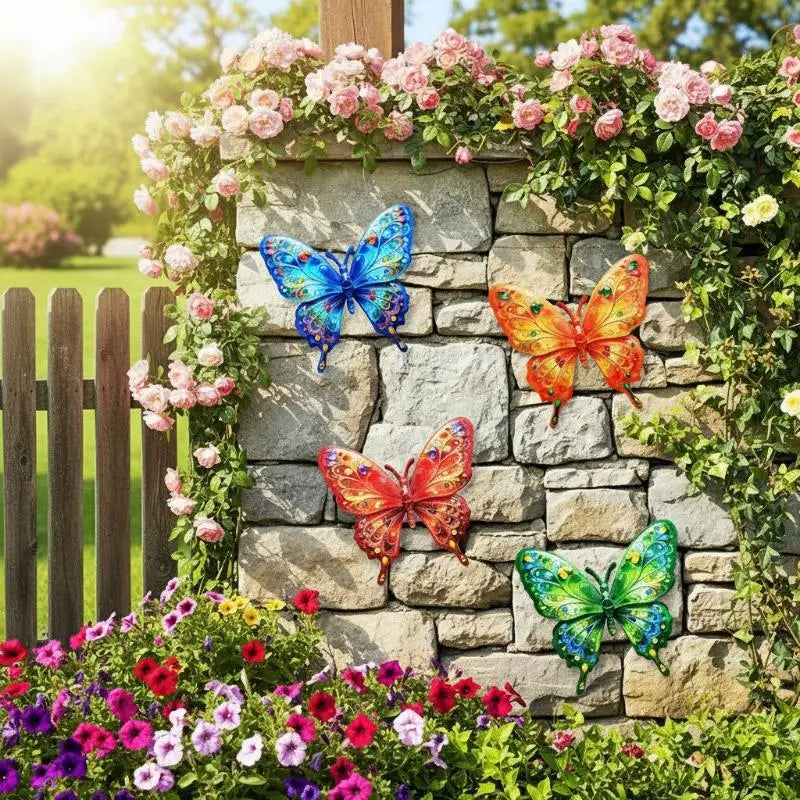 décoration murale papillon bleu orange vert motifs floraux brillants artisanal trois dimensionnelextérieur résistante rouille