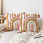 coussin carré moderne brodé géométrique rose boho chic franges adhésif zip 45x45cm