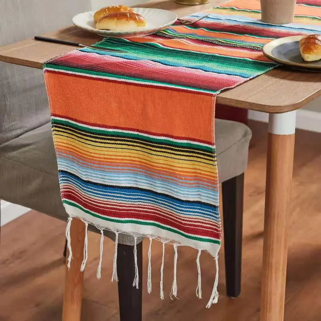 nappe mexicain rayées franges colorées maison carnaval festive 35x210cm polyester coton