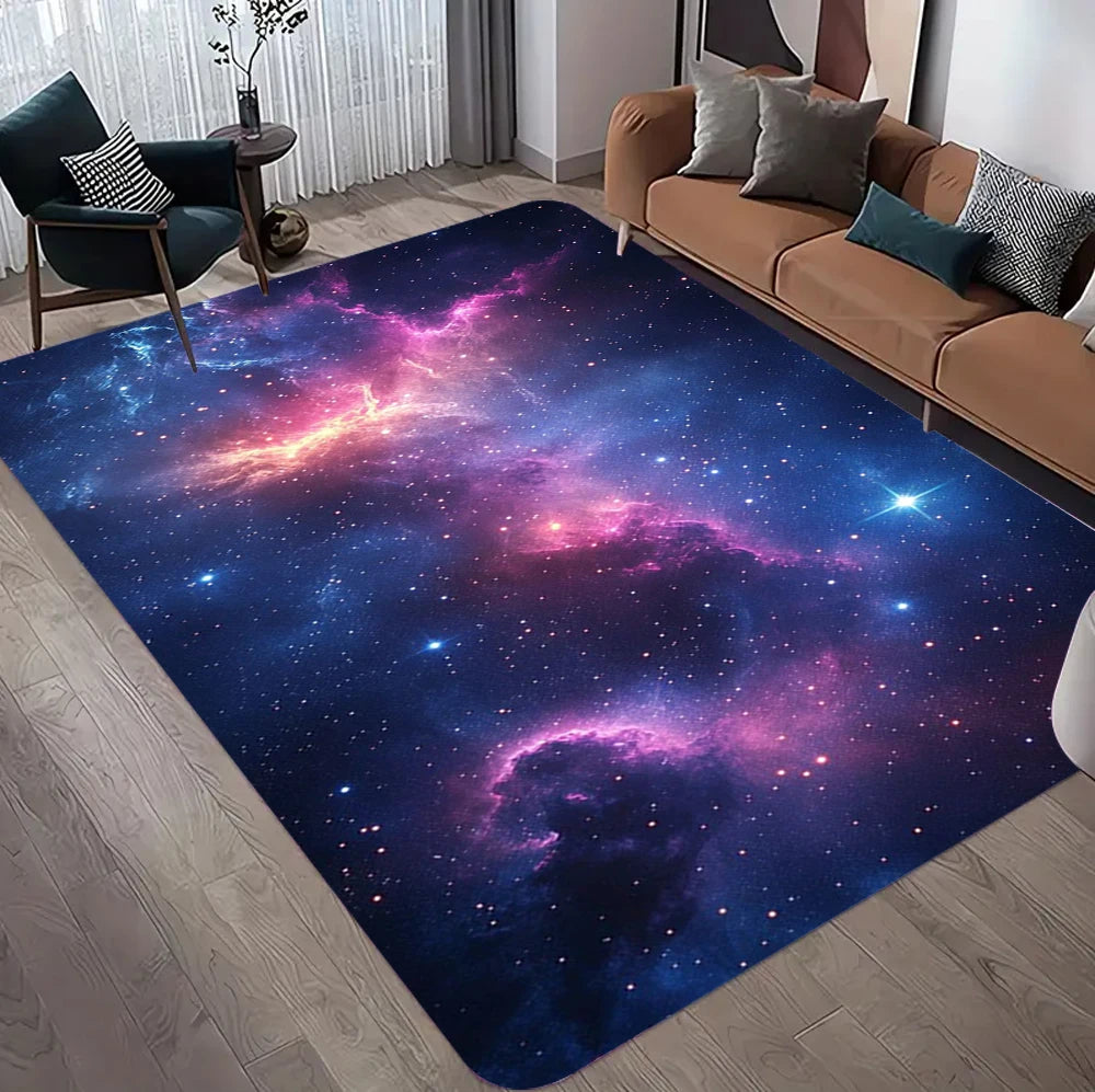 tapis salon chambre moderne motif galaxie étoiles nébuleuse violet bleu rose décoratif grand