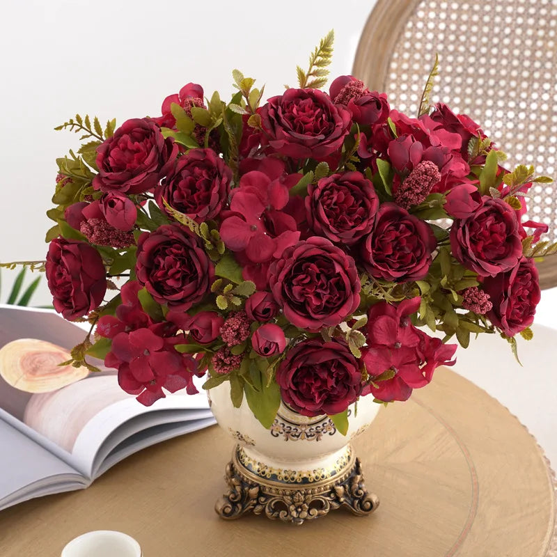 décoration intérieure bouquet artificiel pivoine rose rouge vert mariage anniversaire soie classique