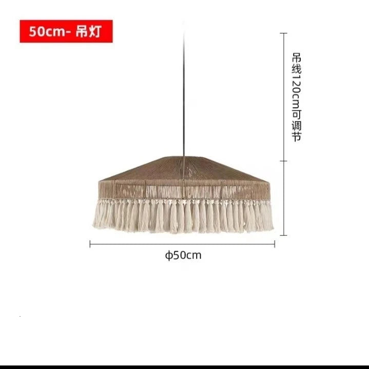 suspension lumineuse boho tissu tressé franges beige blanc rustique