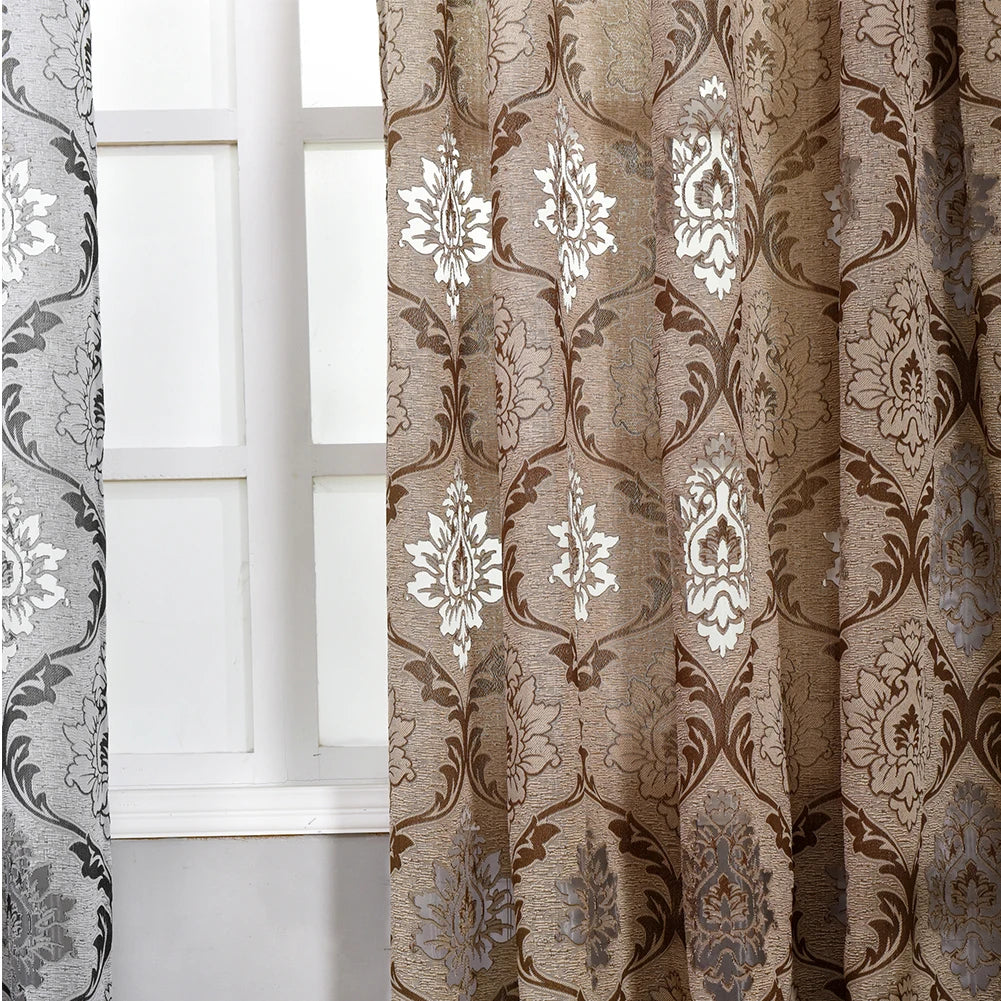 rideau jacquard polyester floral semi opaque classique marron gris clair salon maison