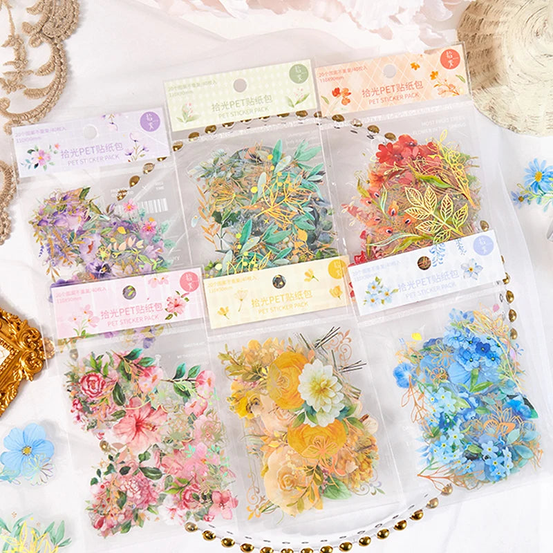 autocollants floraux aquarellés adhésifs romanesque vintage feuilles branches kraft agenda enveloppe miroir doré motifs