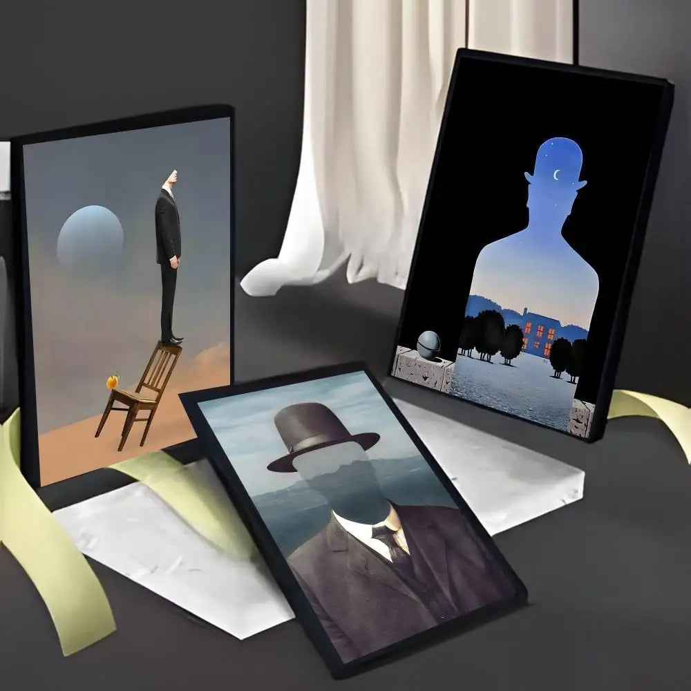 tableau moderne son of man ren magritte noir blanc gris bleu vert marron orange