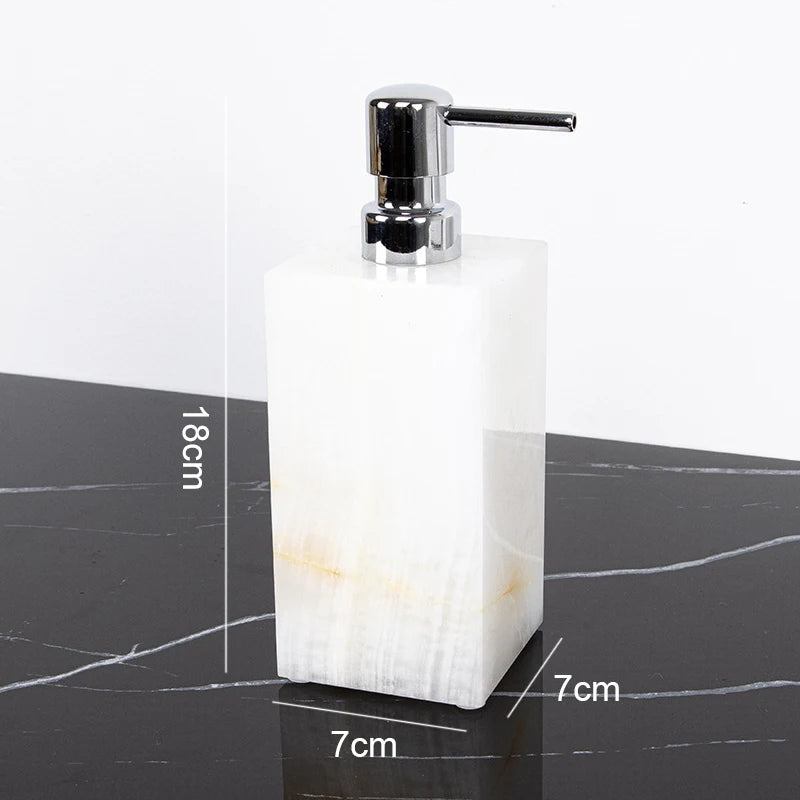 ensemble salle bain marbre onyx blanc distributeur savon porte brosse dents plateau luxe