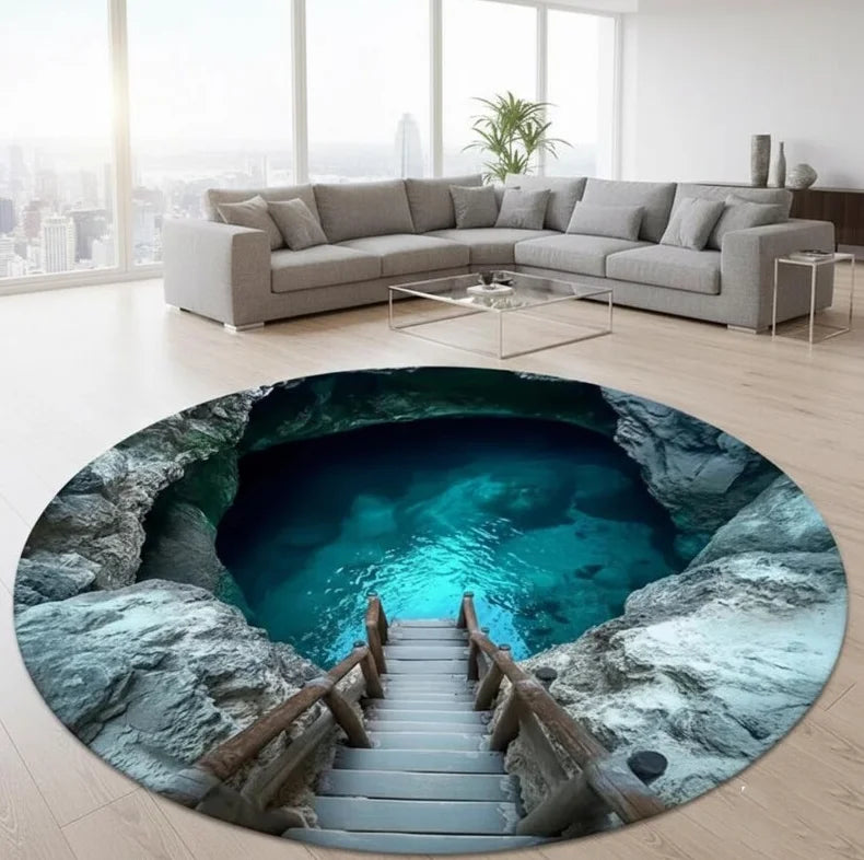tapis rond moderne paysage marin bleu gris beige rocher eau ciel 80x80cm 120x120cm salon