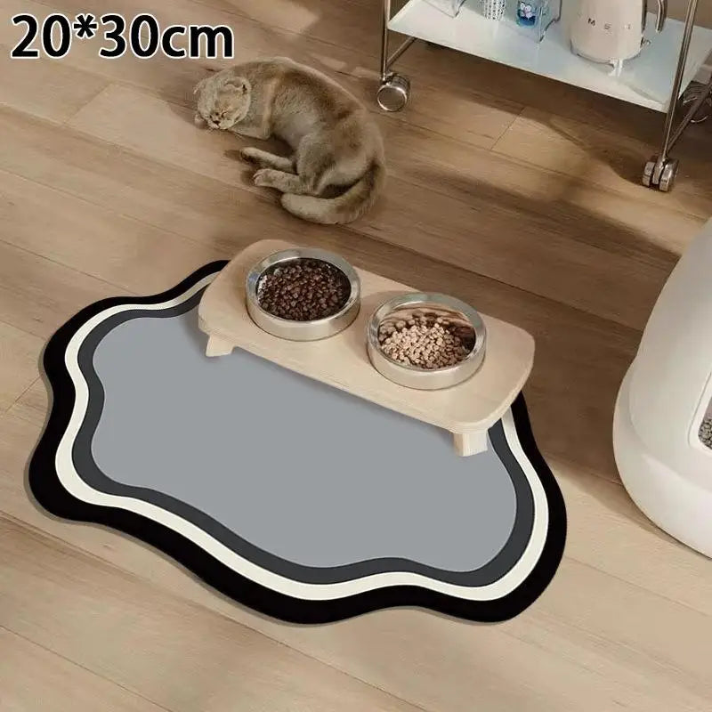 tapis absorbant moderne gris noir blanc chats chiens gamelles antibruit