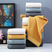 serviette bain coton peigné absorbante 70x140cm gaufrée losanges bordure contrastante moderne blanc jaune gris