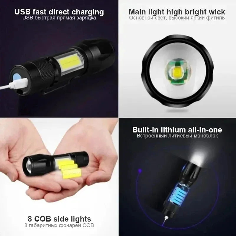 lampe torche noire rechargeable zoomable lumières led modes strobe campingurgence