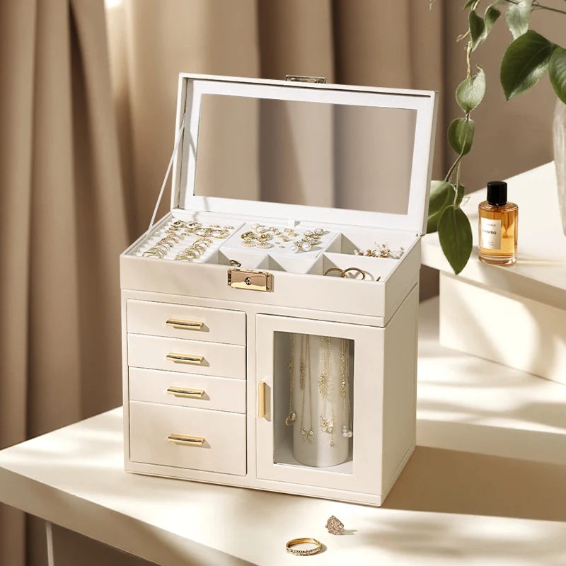 boîte bijoux simili cuir blanc moderne poignées dorées velours intérieur portable 360 degrés rotation