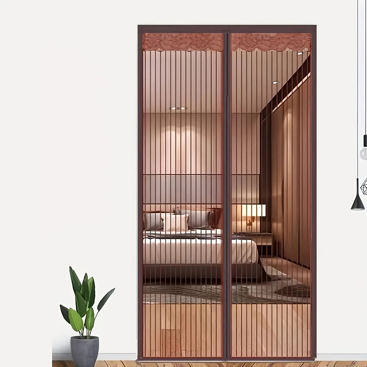 rideau porte marron clair beige rayures horizontales moderne adhésif opacité été maison ventilation anti
