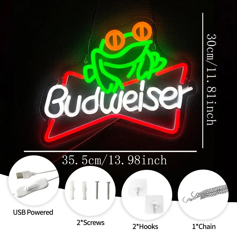 enseigne lumineuse néon logo budweiser grenouille couleur rouge bleu jaune vert fixations câble usb