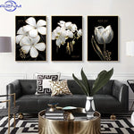 toiles d'art moderne élégantes fleurs stylisées coeurs dorés blanc noir sans cadre