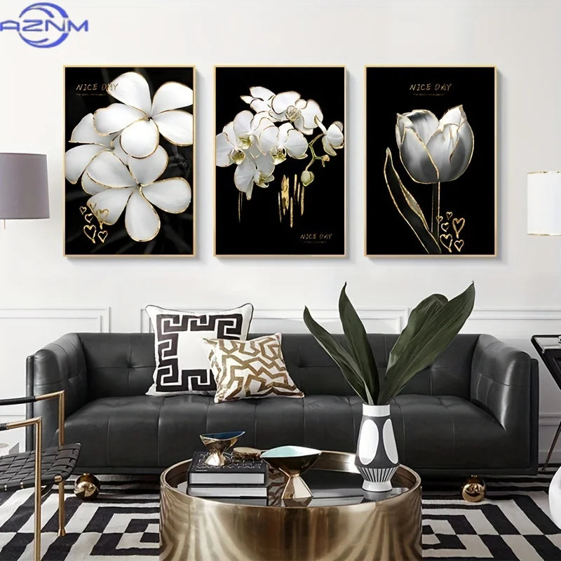 toiles d'art moderne élégantes fleurs stylisées coeurs dorés blanc noir sans cadre
