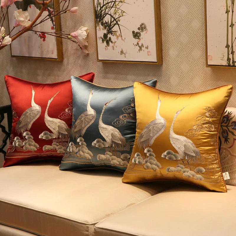 taies d'oreiller brodées oiseaux traditionnel bleu beige doré maison hospitalière imperméable respectueux environnement 45x45cm