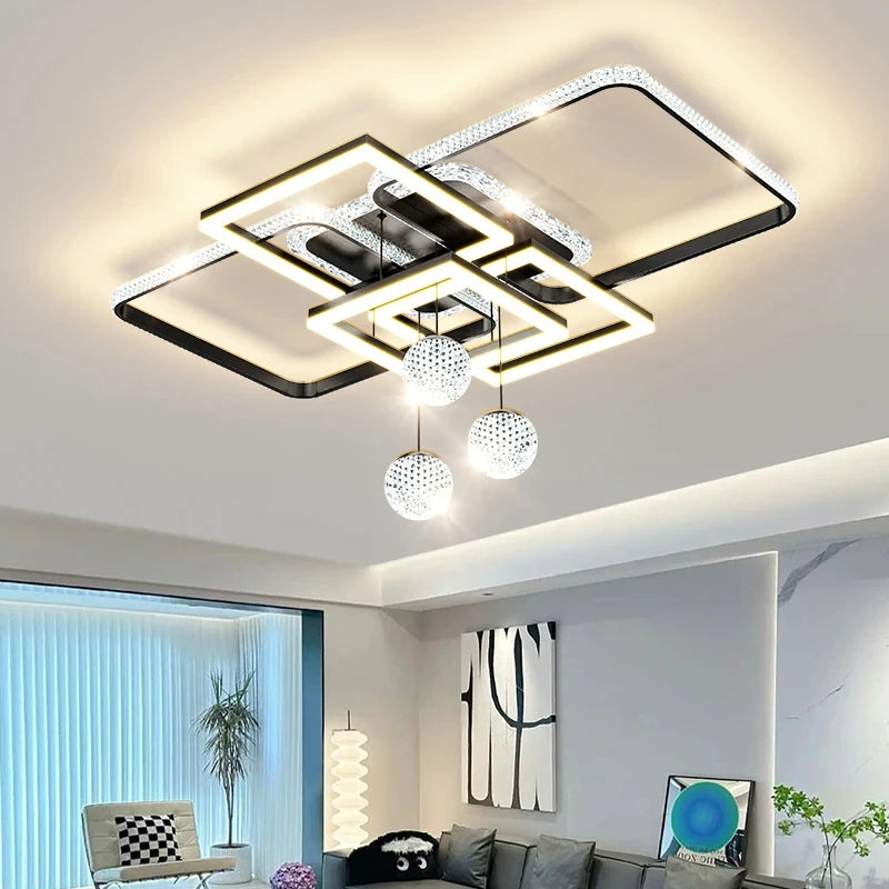 plafonnier moderne luminaire suspendu blanc noir doré cristaux géométrique contemporain
