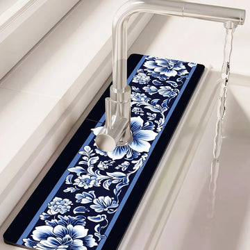 tapis cuisine bleu marine fleurs blancs antidérapant rapide absorption eau durable réutilisable comptoir bar