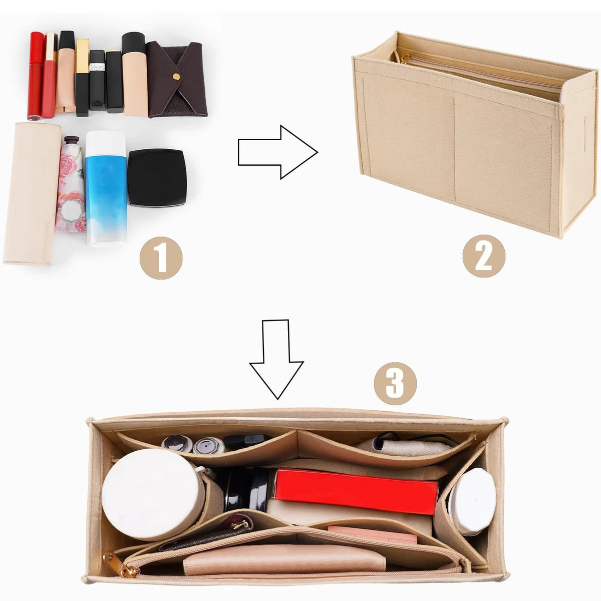 organisateur sac main feutre compartiments rangement insert pliable monogramme beige noir grande taille