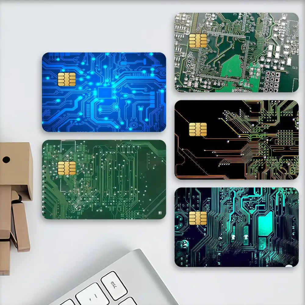 autocollants decoratifs cartes bancaires motif circuits imprimés technologique futuriste vert bleu noir turquoise doré