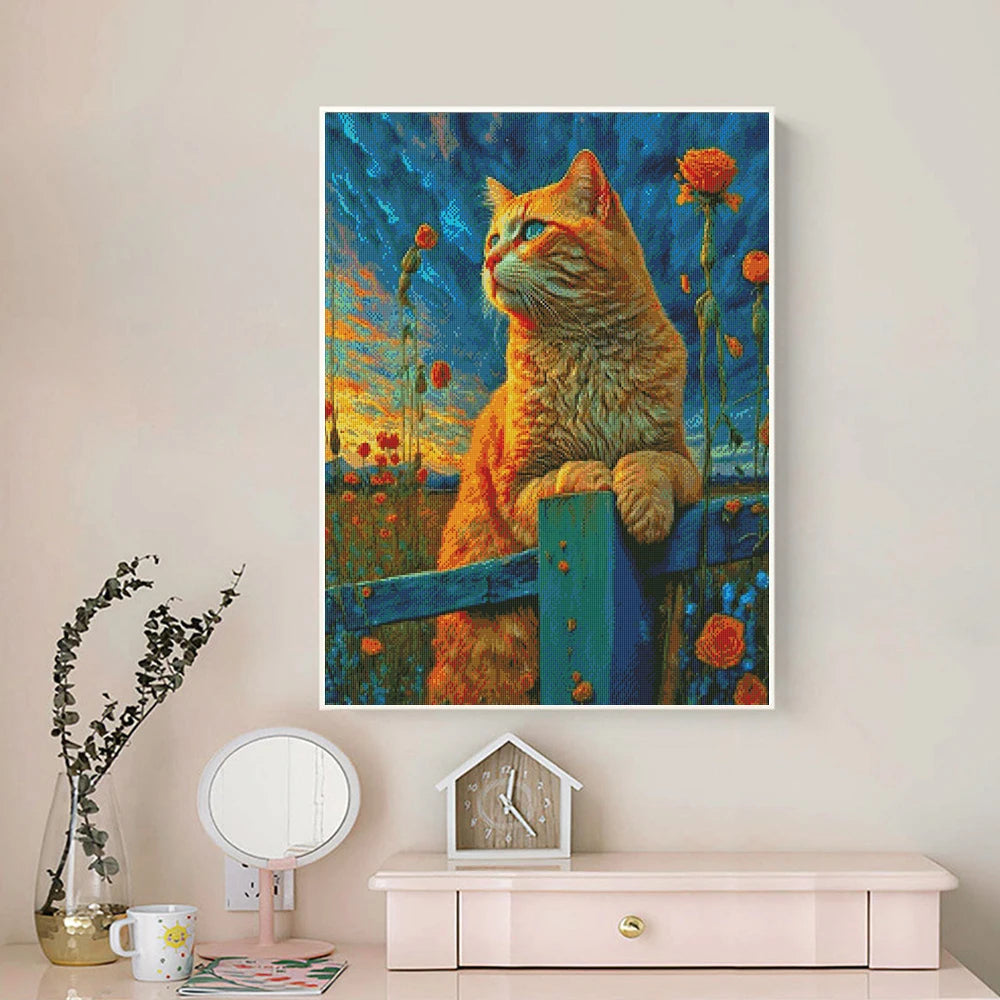 tableau broderie chat banc paysage fleurs coton 11CT 14CT orange bleu jaune vert rouge