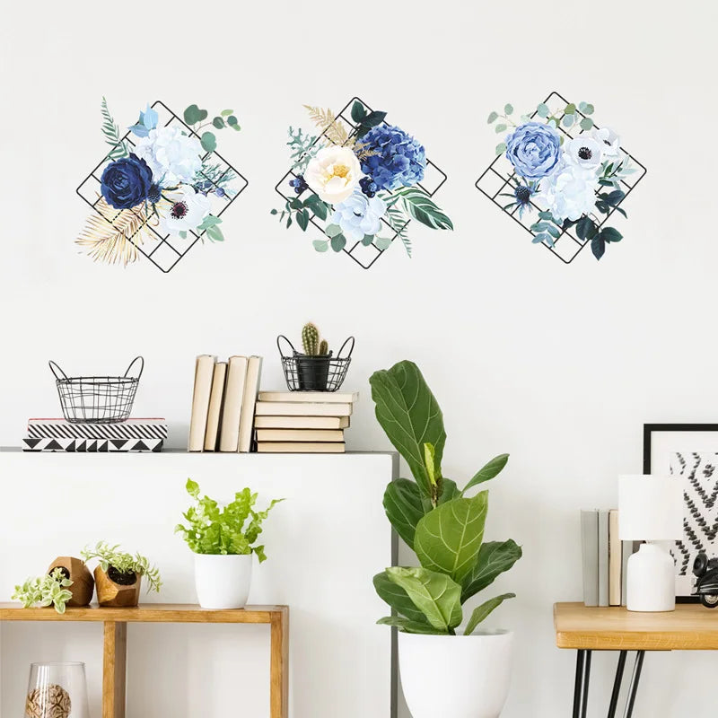 décoration murale moderne fleurs feuillage cadre métallique adhésif intérieur bleu blanc vert doré