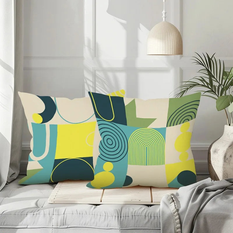 coussin carré moderne 45x45cm vert bleu jaune beige motif géométrique chambre salon decoration noël