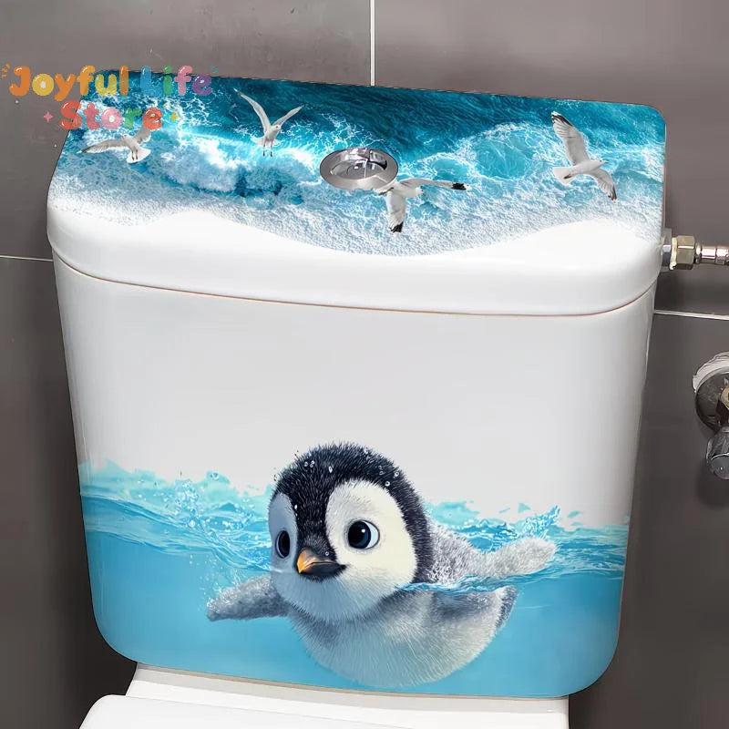 cache cuvette toilette pingouin oiseaux vagues bleu blanc moderne adhésif salle bain décoration intérieure