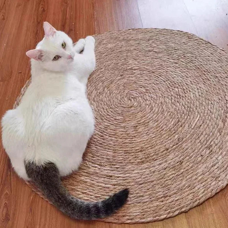 tapis gratter chat tissé main spirale beige clair protection meuble accessoire intérieur balle jouet