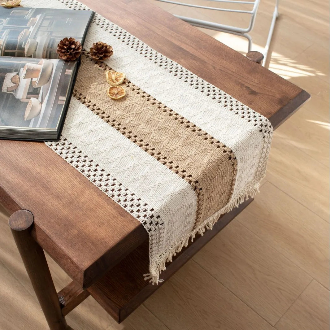 chemin table crocheté franges beige blanc rustique maison décoratif polyester coton large longueur