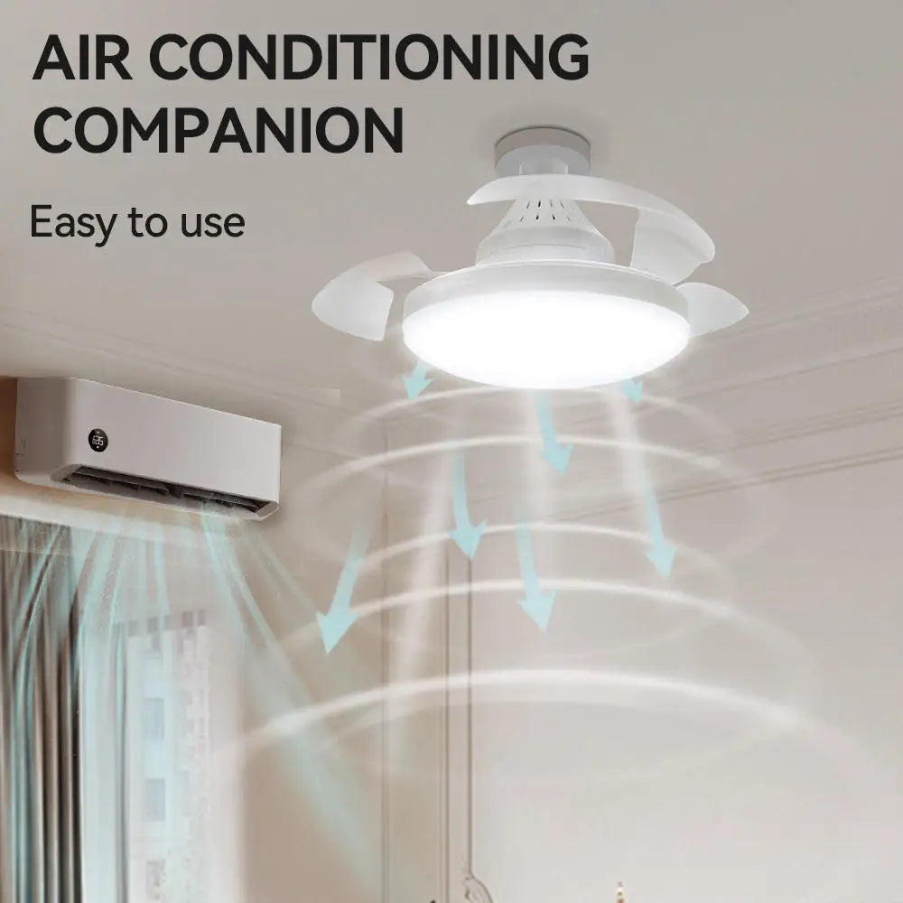 ventilateur lampe led e27 moderne blanc silencieux télécommande rétractable pales invisibles variateur intensité