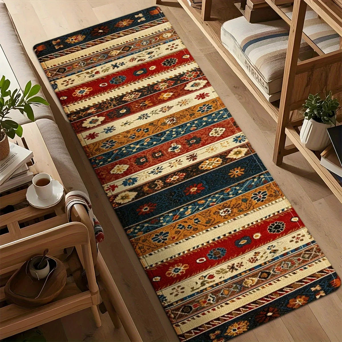 tapis ethnique motifs géométriques floraux rouge beige bleu marron antidérapant intérieur extérieur salon
