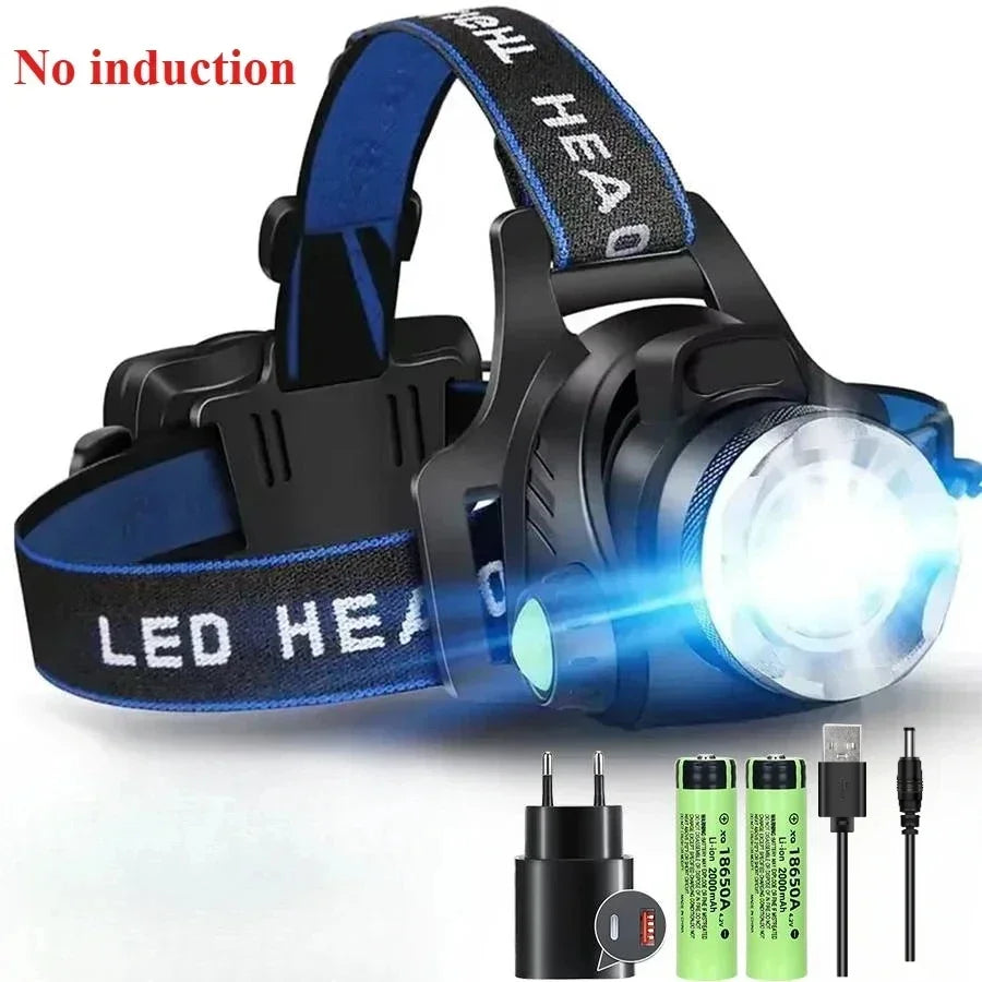 lampe frontale led rechargeable 15w modes nuit pêche course tissu bleu noir adjustable