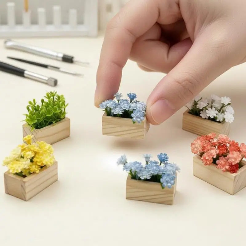 miniature plante artificielle boite bois décoration étagère violet rose bleu jaune rouge fleurs