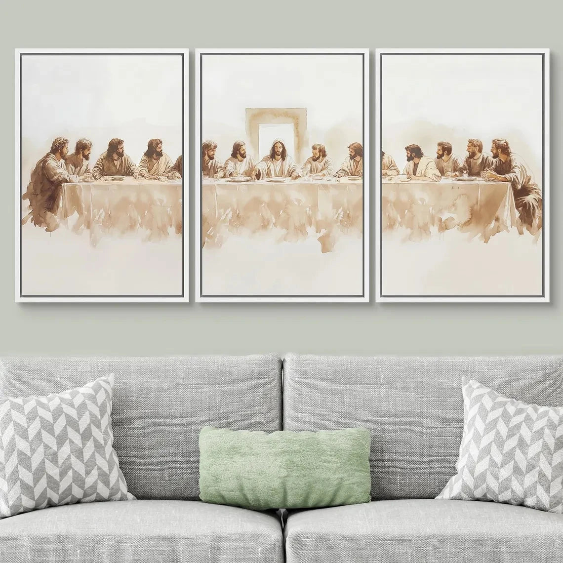 toile d'art minimaliste vintage cène décoration chambre salon beige grisclair