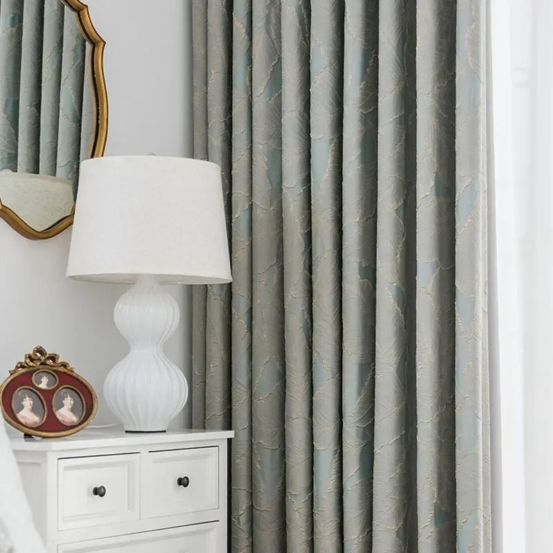 rideau polyester feuilles dorées gris clair beige haut standing salon chambre moderne français
