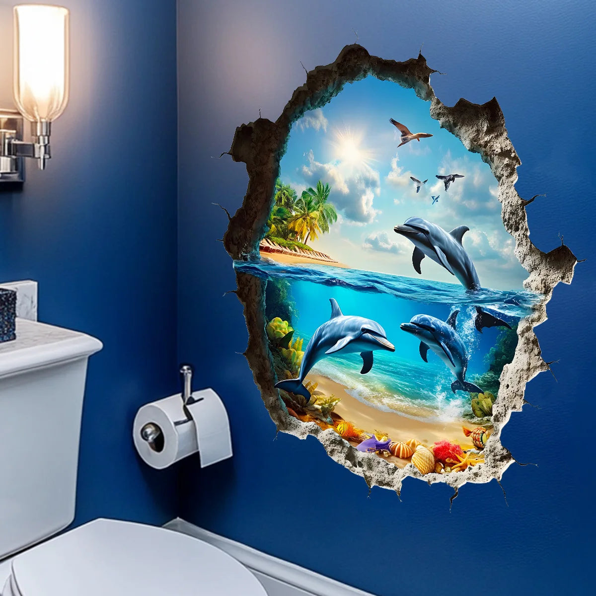 autocollants muraux 3d paysage marin dauphins palmiers plage ciel oiseaux enfants salon chambreOpaque Bleu