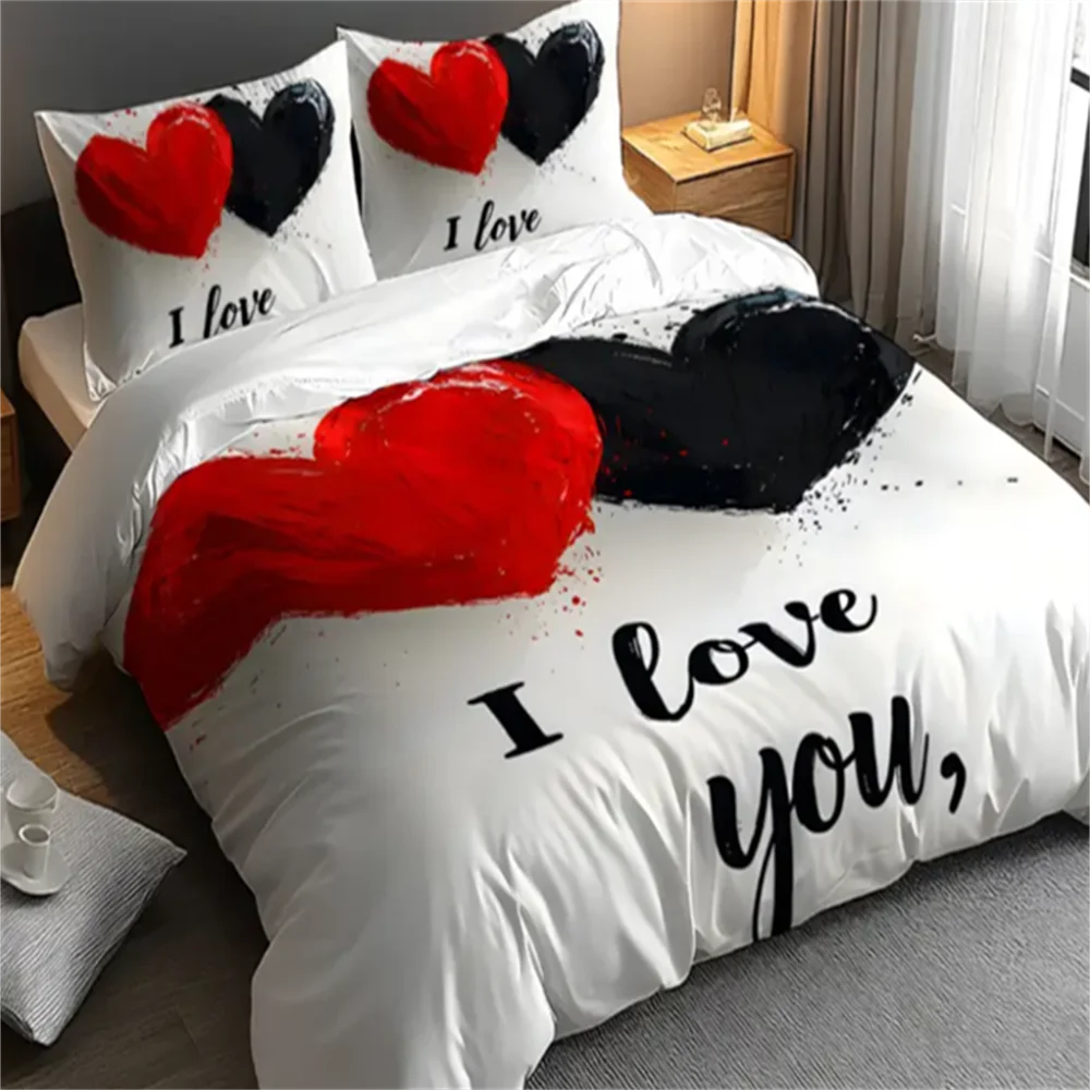 ensemble literie moderne coeurs peints main love you blanc rouge noir polyester