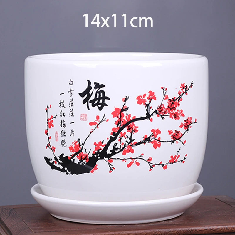 vase decoratif art traditionnel chinois cache pot fleurs oiseaux calligraphie chinoise blanc rouge vert