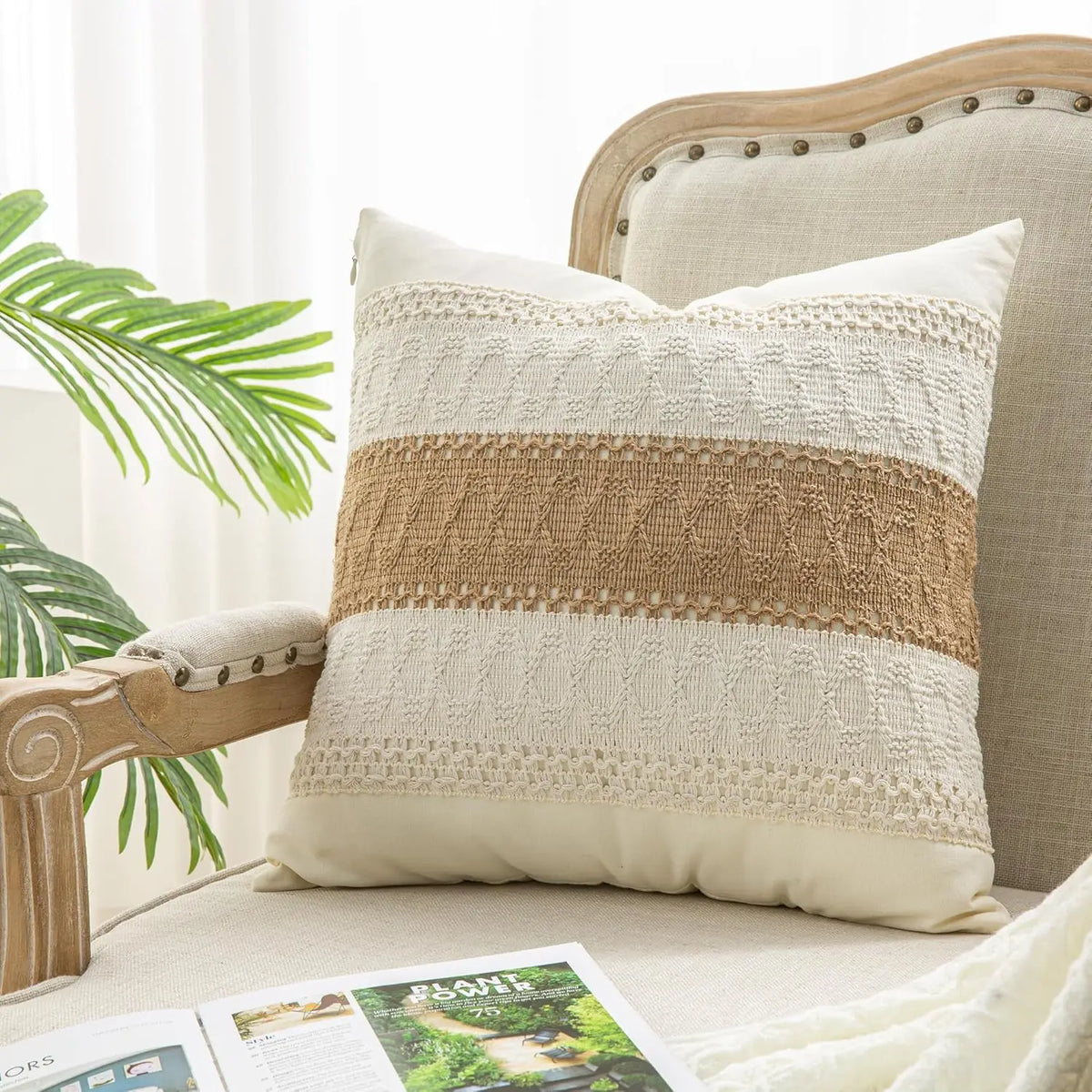 taie d'oreiller patchwork rayures beige rustique fermeture glissière 45x45cm polyester sans rembourrage