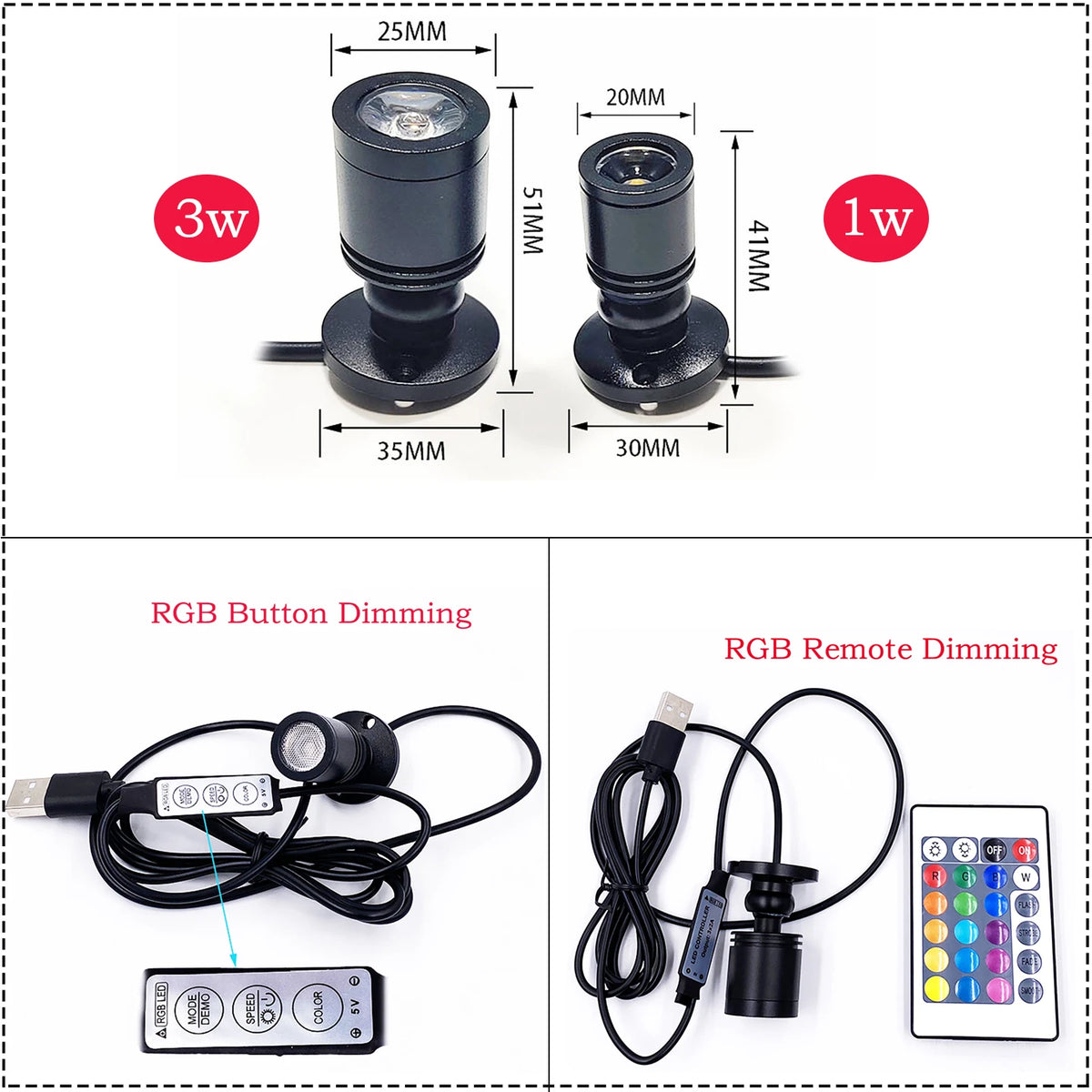 projecteur led rgb noir moderne 1w 3w usb 5v télécommande adhésif opaque