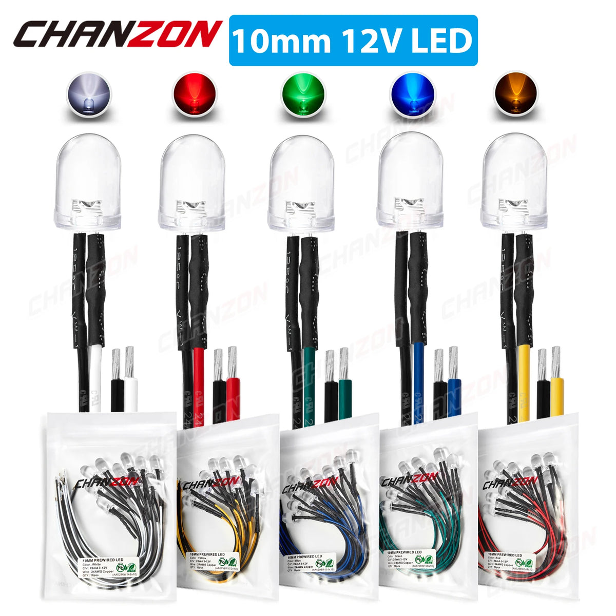 Diodes led 12v blanc rouge vert bleu jaune câbles colorés pack 10 pièces transparentes