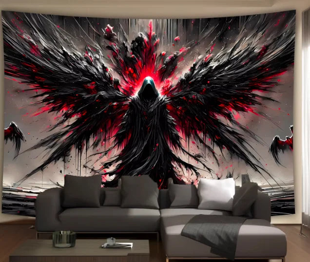 tapisserie murale ailes oiseau rouge abstraite noire contemporaine 150x180CM machine lavable polyester Jacquard