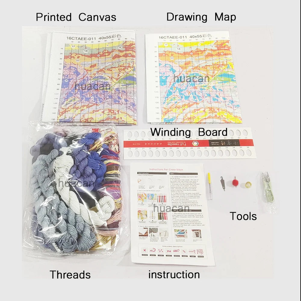 toile broder motifs floraux multicolores 30cm 40cm 50cm kit broderie instructions aiguilles fils