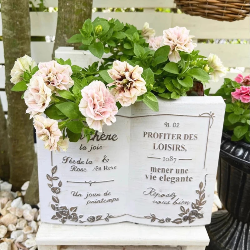 potager forme livre ouvert imitation bois vieilli fleurs plantes vintage shabby chic