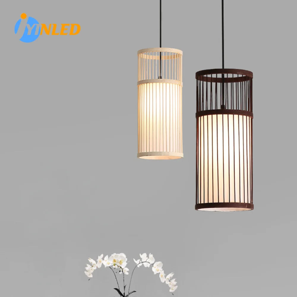 lampe suspendue moderne bambou abat jour tissu blanc brun minimaliste salon chambrehôtel