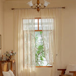 rideau beige broderie géométrique franges semi transparent vintage classique fenêtre intérieur polyester