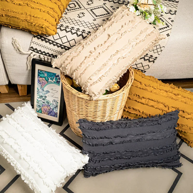 coussins décoratifs lin coton gris beige jaune boho chic 30x50cm 45x45cm 50x50cm