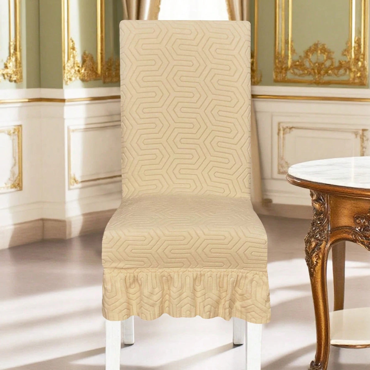 housse chaise motif géométrique beige gris moderne élasthanne polyester adjustable salon