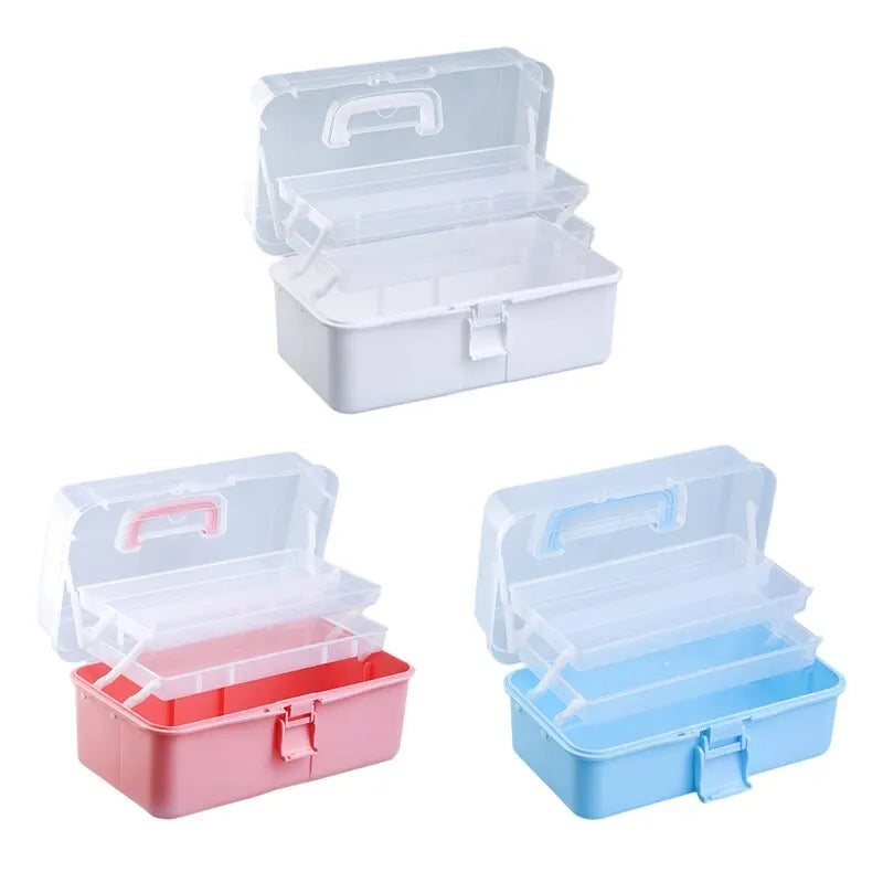 boîte rangement transparente bleu rose blanche pinceaux peinture crayons étudiants compartiments modernes pratiques